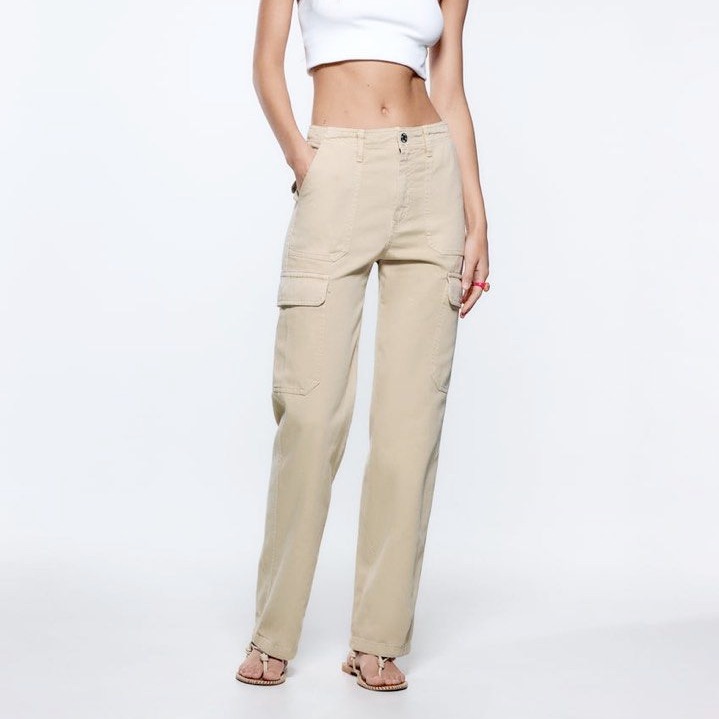 Zara High Rise Straight Fit Cargo Trousers Cotton Tan Beige 4